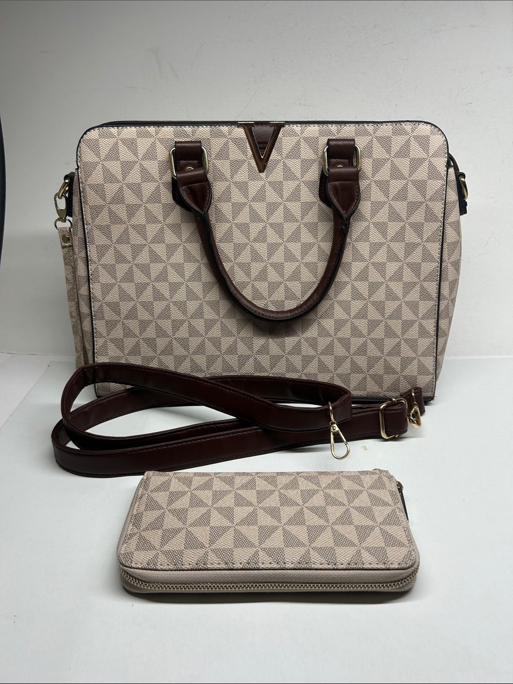 Beige Geometric Tote with Brown Trim - Women Bags